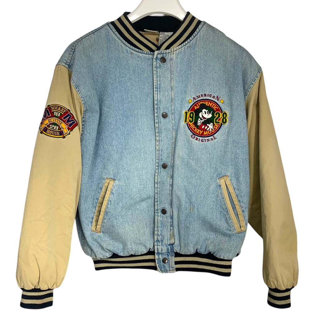 Vtg Disney Store Mickey Mouse 1928 Denim Varsity Bomber Jacket Sz M Embroidered